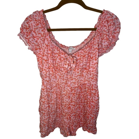 A.U.W. Pink and Red Floral Short Sleeve Ruffled Romper - Picture 1 of 6